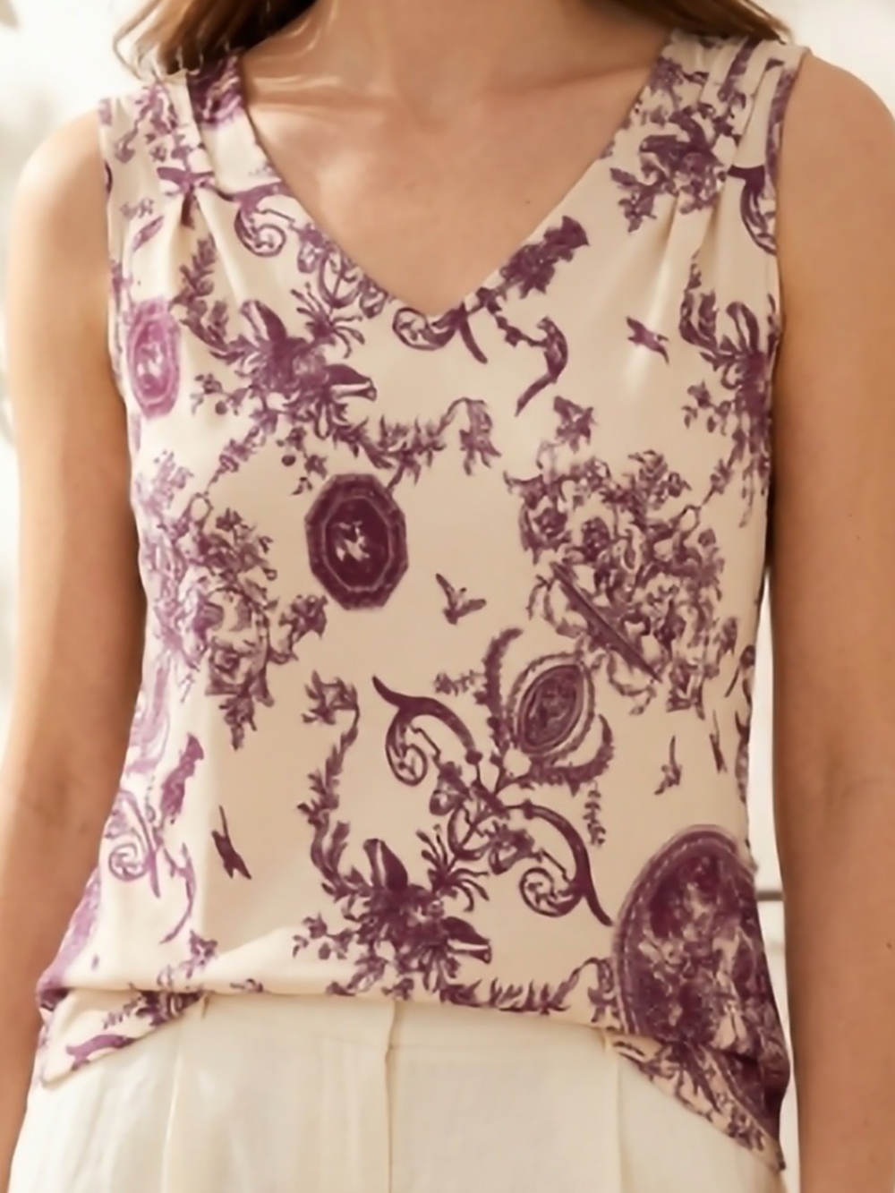 Talbots Purple Toile V-Neck Sleeveless Camisole on Cream
